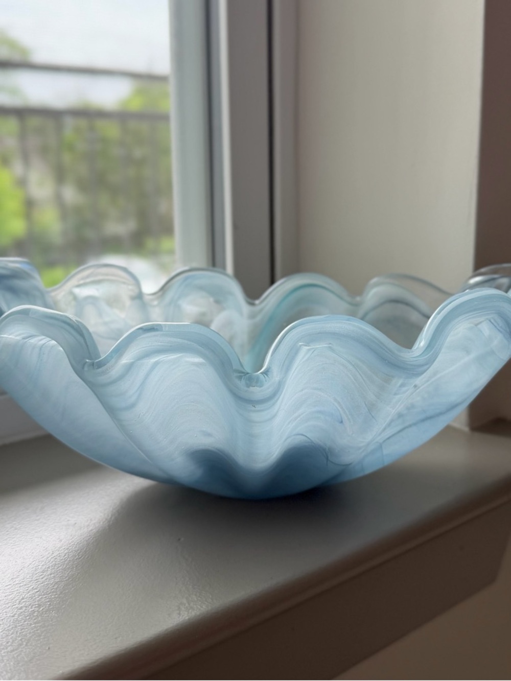 Hand-Blown Wavy Glass Decorative Bowl - Light Blue